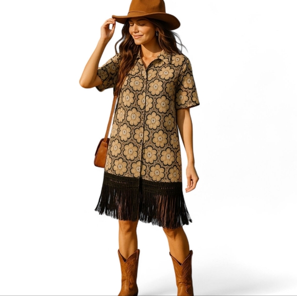 Anthropologie Tops - Self Contrast Crochet Lace Fringe Dress Tan Black Floral Boho Kimono Shirt Retro